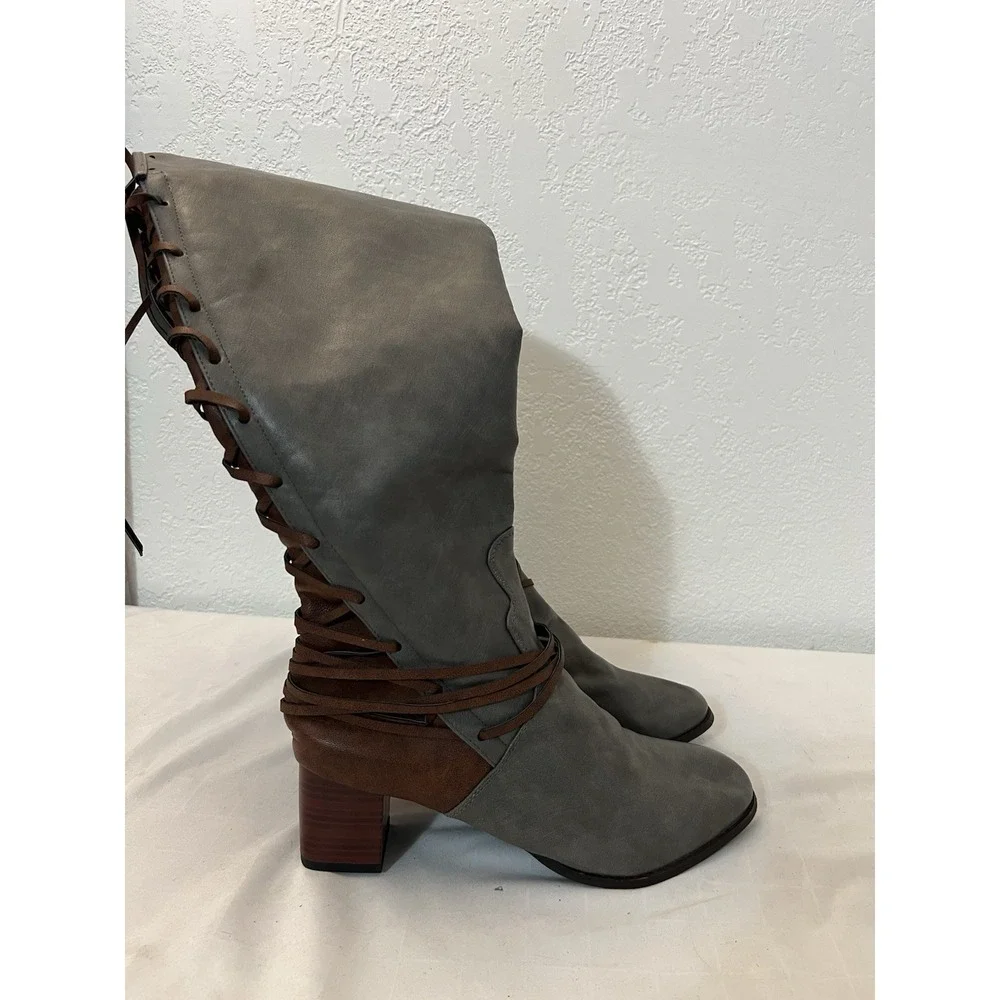 Gray Brown Boots Women EU 42 11M 11.5M Side Zip Faux Leather Over Knee Lined NEW